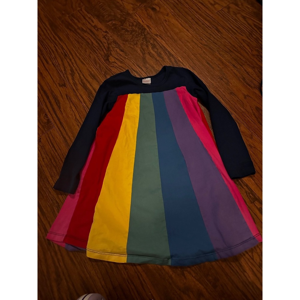 Hanna Andersson Girls Rainbow Knit Long Sleeve Dress Navy Blue Size 120 US 6-7